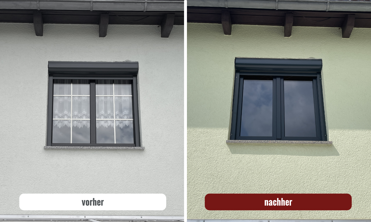 Zweiflügliges Fenster Obergeschoss von außen Vorher Nachher