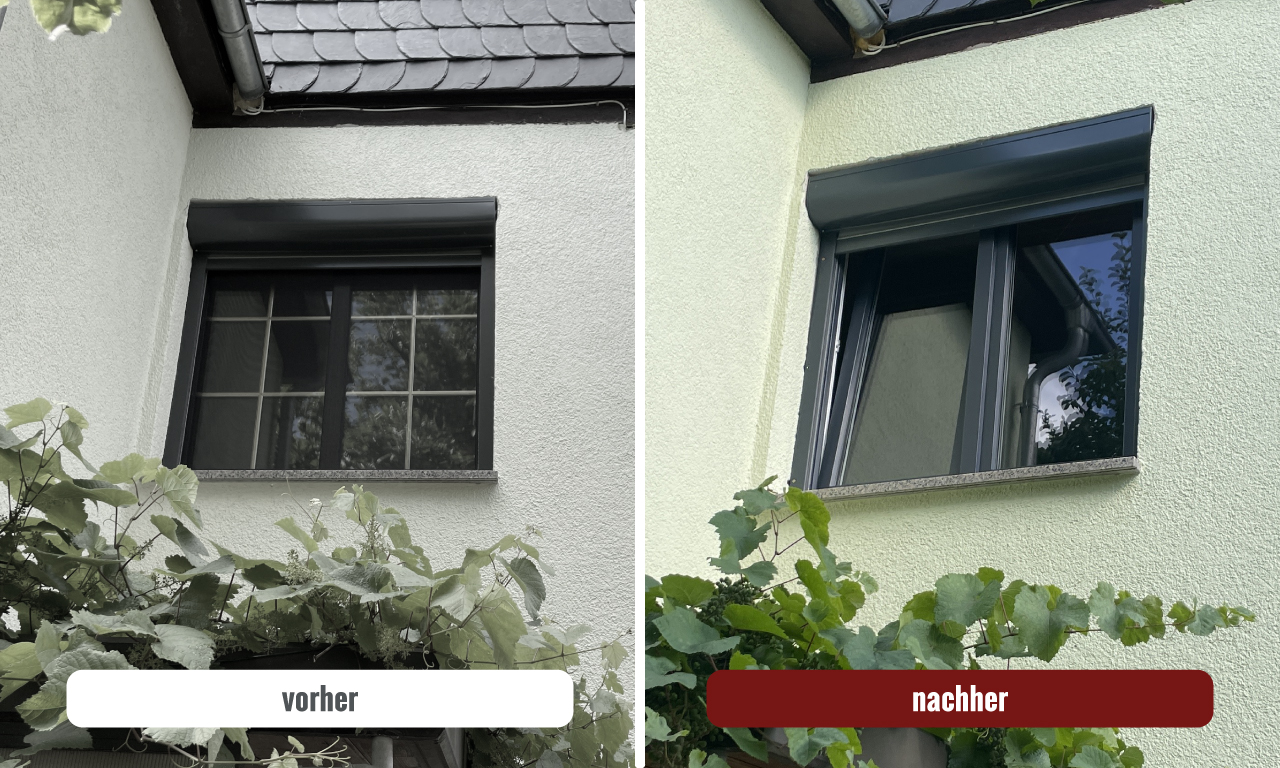 Zweiflügliges Fenster Obergeschoss von außen Vorher Nachher